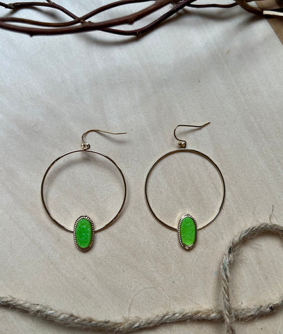 Gold Hoops with Green Gemstone Earrings